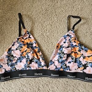 Hanes Black and Orange Floral Bralette Wireless Comfort